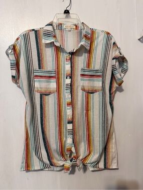 Eden & Olivia White Multicolor Striped Tie-Front Button Shirt, Size Small